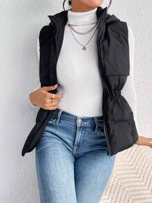 SHEIN Frenchy Drawstring Waist Zipper Hooded Vest Padded Coat - Black - View 6