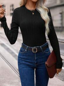 EMERY ROSE Camiseta de punto acanalado sólido para mujer de otoño - Negro - Ver 6