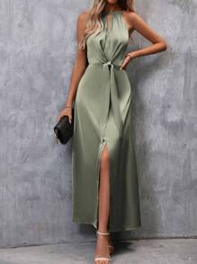 SHEIN Clasi Vestido largo de satén con escote de halter, abertura en el bajo y cinturón para mujer