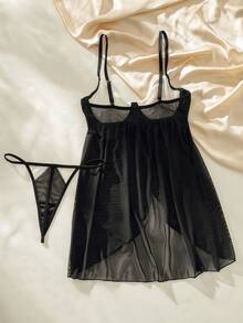 Pure Desire 蕾絲拼接網紗鋼圈吊帶睡裙附丁字褲 - 黑與白 - 查看 7