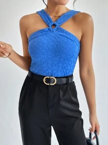 SHEIN Essnce 素色戒指連接掛脖上衣 - 寶藍色 - 查看 1