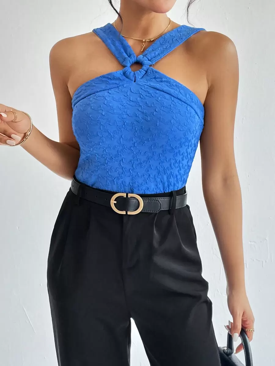 SHEIN Essnce 素色戒指連接掛脖上衣 - 寶藍色 - 查看 1