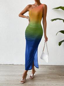 SHEIN Privé 漸層單肩高衩洋裝 - 彩色 - 查看 4
