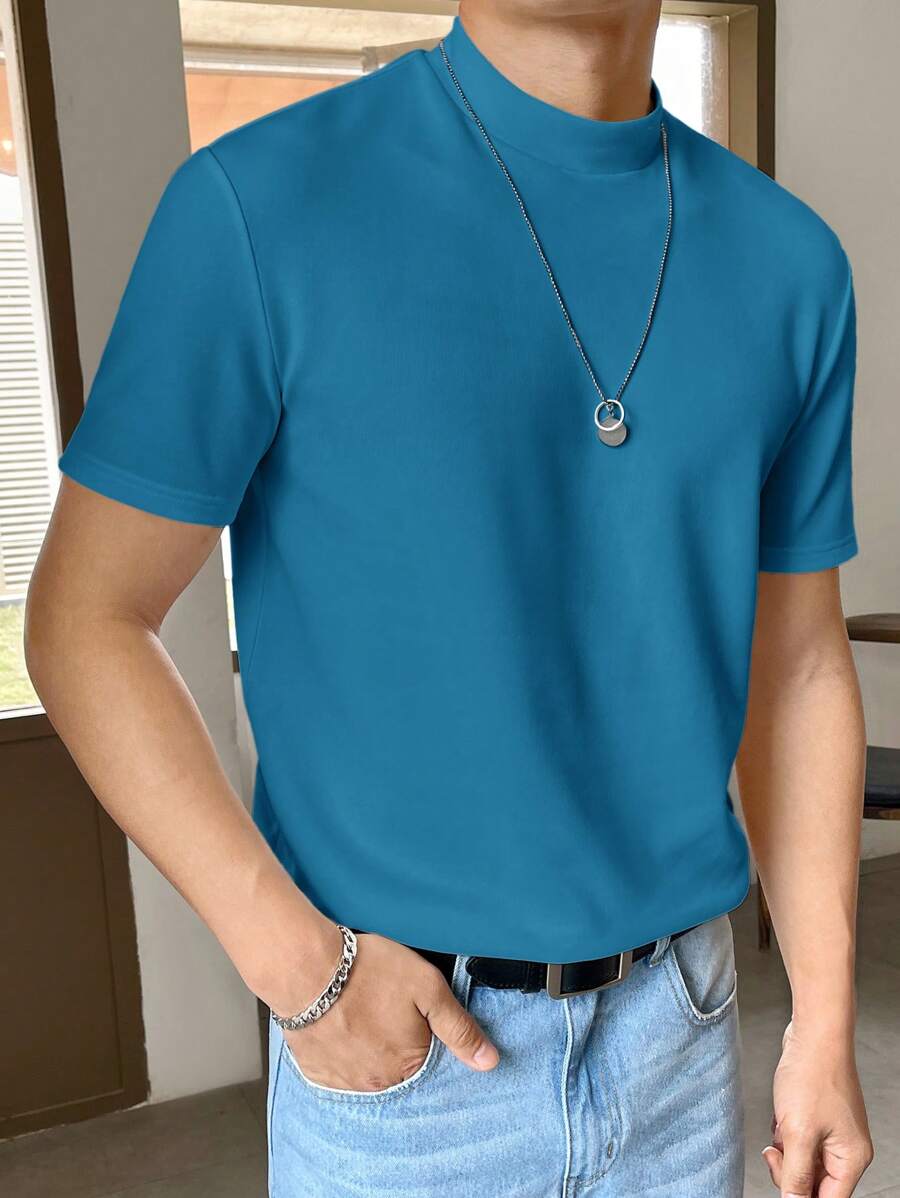 GENTILAND Homme T-shirt Unicolore À Col Montant - Vert - Voir 1