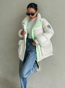 DAZY Letter Graphic Slant Pocket Puffer Thick Pockets Coat ,Winter Women Clothes,Winter Coat Women