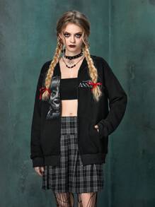 Annabelle | ROMWE Letter Figure Graphic Drop Shoulder Hoodie - Black - View 3