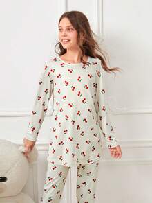 Tween Girl Cherry Print Tee & Pants PJ Set - Grey - View 5