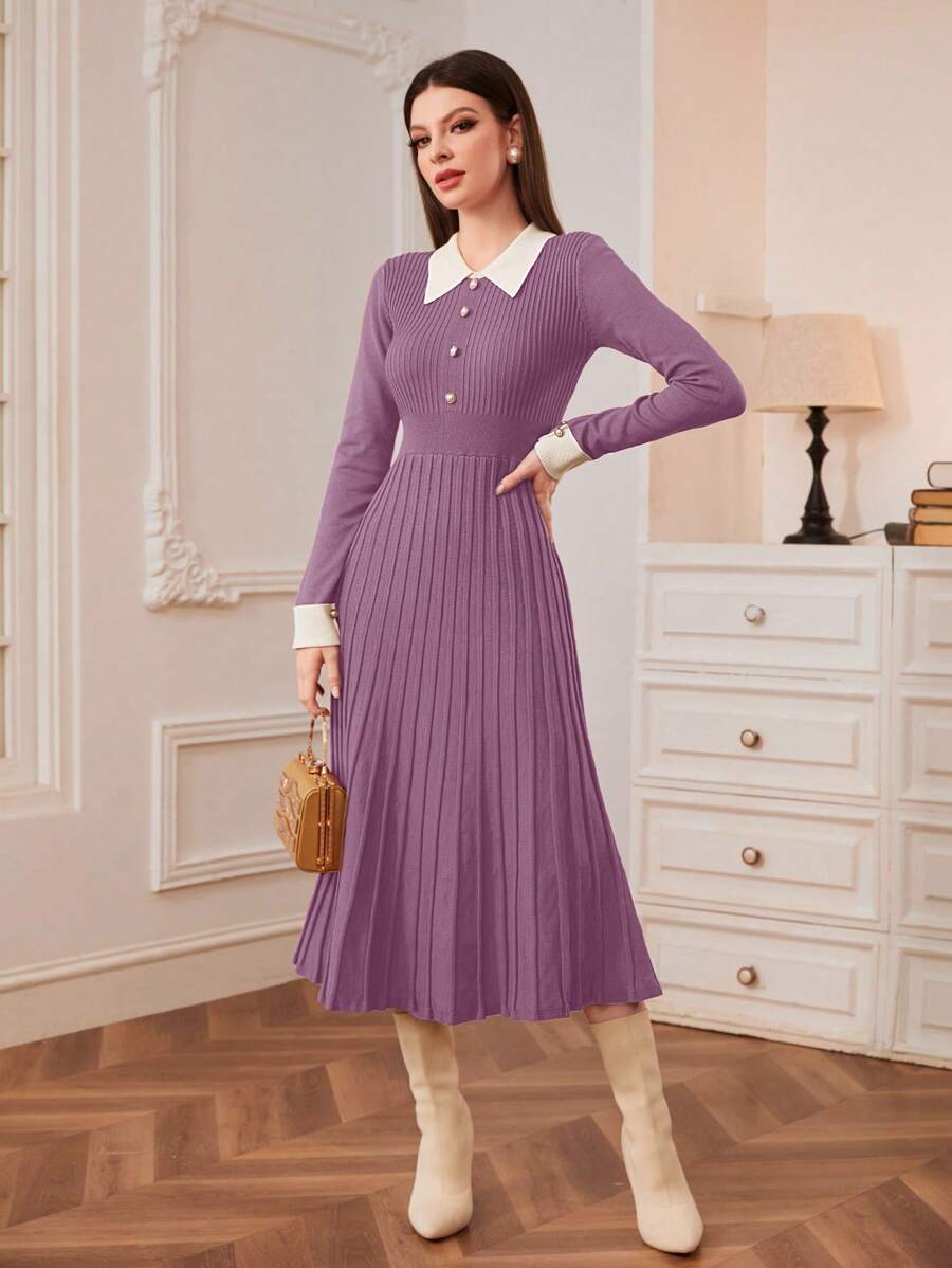 Modelyn Contrast Collar Pleated Hem Sweater Dress Fall Winter Cloth For Women - Purple - View 1