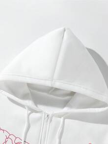 SHEIN Unity 骷髏手掌圖案拉鏈開襟抽繩加絨內裏連帽衫 - 白色 - 查看 4