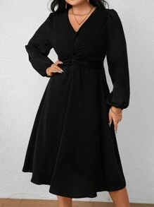 SHEIN Unity 大碼前扭結燈籠袖洋裝 - 黑色 - 查看 1