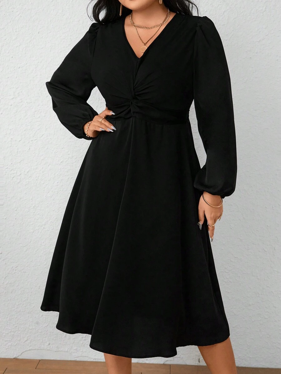 SHEIN Unity 大碼前扭結燈籠袖洋裝 - 黑色 - 查看 1