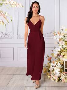 SHEIN Belle Bộ đồ liền thân ống rộng màu đỏ tía - Màu Đỏ Sâu - Xem 1