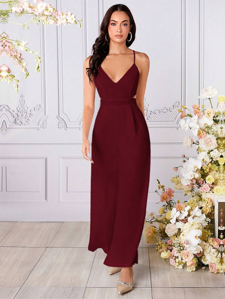 SHEIN Belle Bộ đồ liền thân ống rộng màu đỏ tía - Màu Đỏ Sâu - Xem 1