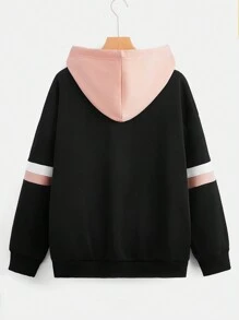 Sweetra Plus Letter Embroidery  Pocket Drawstring Hoodie Winter Fall Autumn - Black - View 2