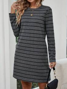 SHEIN LUNE Striped Print Hidden Pocket Tee Dress - Multicolor - View 5