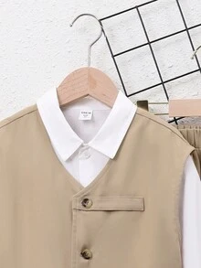SHEIN Cậu bé Tween Chất rắn Áo khoác vest & Quần & Áo sơ mi - Màu Khaki - Xem 5