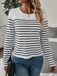 SHEIN LUNE Striped Pattern Scallop Trim Sweater,Long Sleeve Tops Knit Pullover Fall Winter Sweater - Black and White - View 5