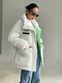 DAZY Letter Graphic Slant Pocket Puffer Thick Pockets Coat ,Winter Women Clothes,Winter Coat Women