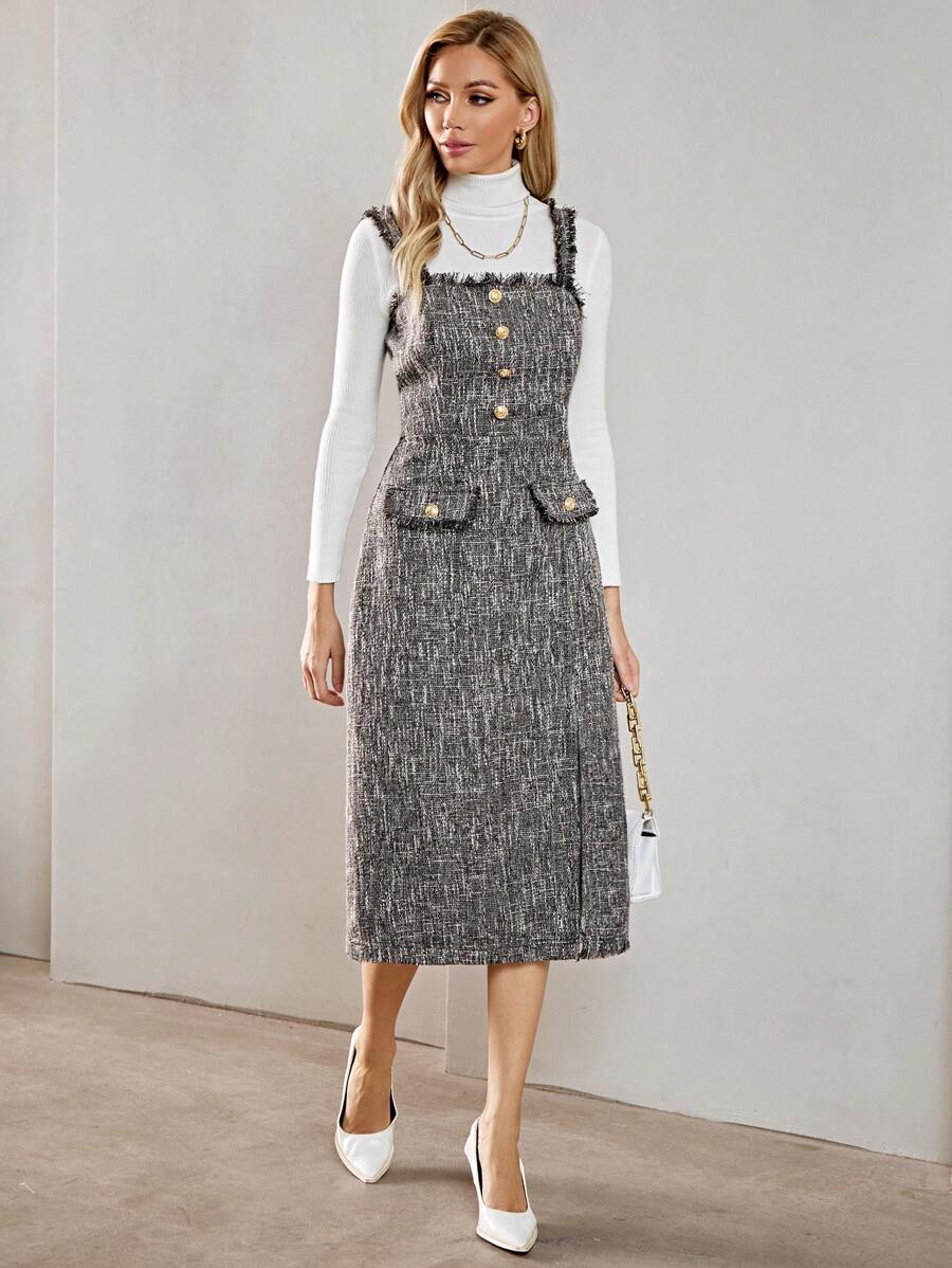 GENKIRA 翻蓋細節前紐扣洋裝不帶T恤 - 灰色 - 查看 1