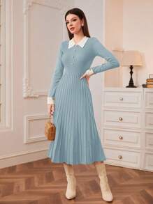 Modelyn Contrast Collar Pleated Hem Sweater Dress Fall Winter Cloth For Women - Baby Blue - View 4