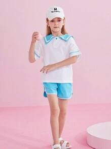 青少年女孩水手領T恤和撞色滾邊短褲