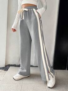 SHEIN EZwear Contrast Side Seam Tie Waist Sweatpants - Light Grey - View 3