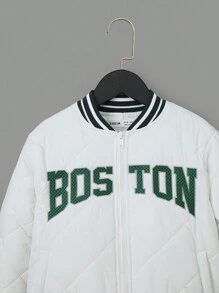 SHEIN Tween Boy 字母图案条纹装饰绗缝夹棉外套（不含卫衣） - 白色 - 查看 4