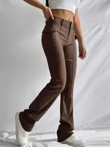 SHEIN EZwear Solid Flap Detail Pants - Rust Brown - View 4