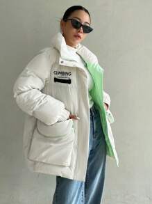 DAZY Letter Graphic Slant Pocket Puffer Thick Pockets Coat ,Winter Women Clothes,Winter Coat Women
