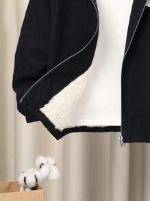 SHEIN Tween Boy Zipper Placket Teddy Lined Jacket - Black - View 3