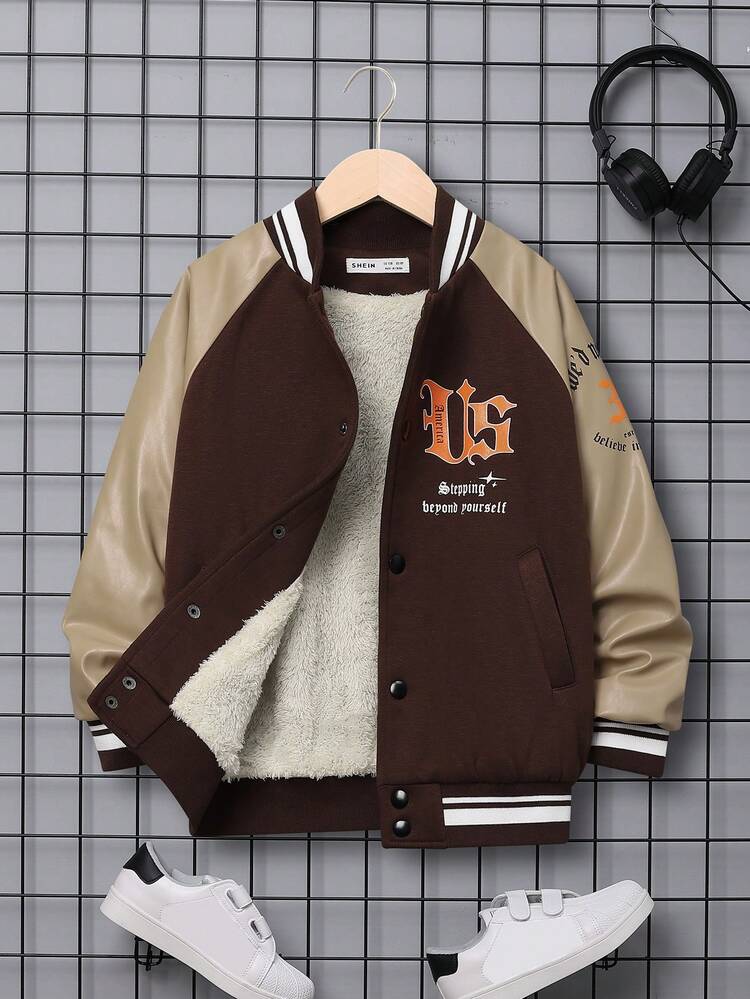 Tween Boy Slogan Graphic Raglan Sleeve Thermal Lined Varsity Jacket