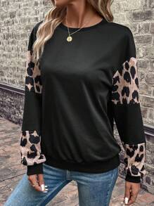 SHEIN LUNE Sudadera con estampado de leopardo de hombros caídos - Negro - Ver 5