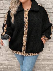 SHEIN LUNE Plus Leopard Pattern Teddy Coat - Black - View 2