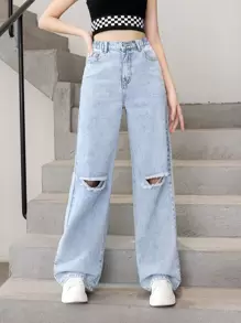 Chica adolescente Jeans desgarro de pierna ancha - Azul lavado medio - Ver 1
