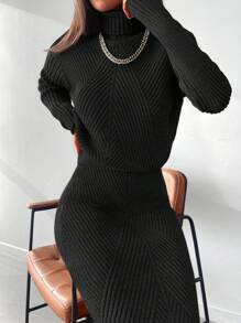 EURMUSE Turtleneck Ribbed Knit Sweater & Knit Skirt - Black - View 2