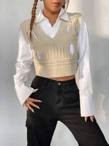 SHEIN Unity Cắt ra Áo len vest Không có áo lót - Màu be - Xem 1