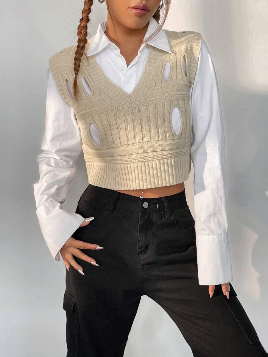 SHEIN Unity Cắt ra Áo len vest Không có áo lót - Màu be - Xem 1