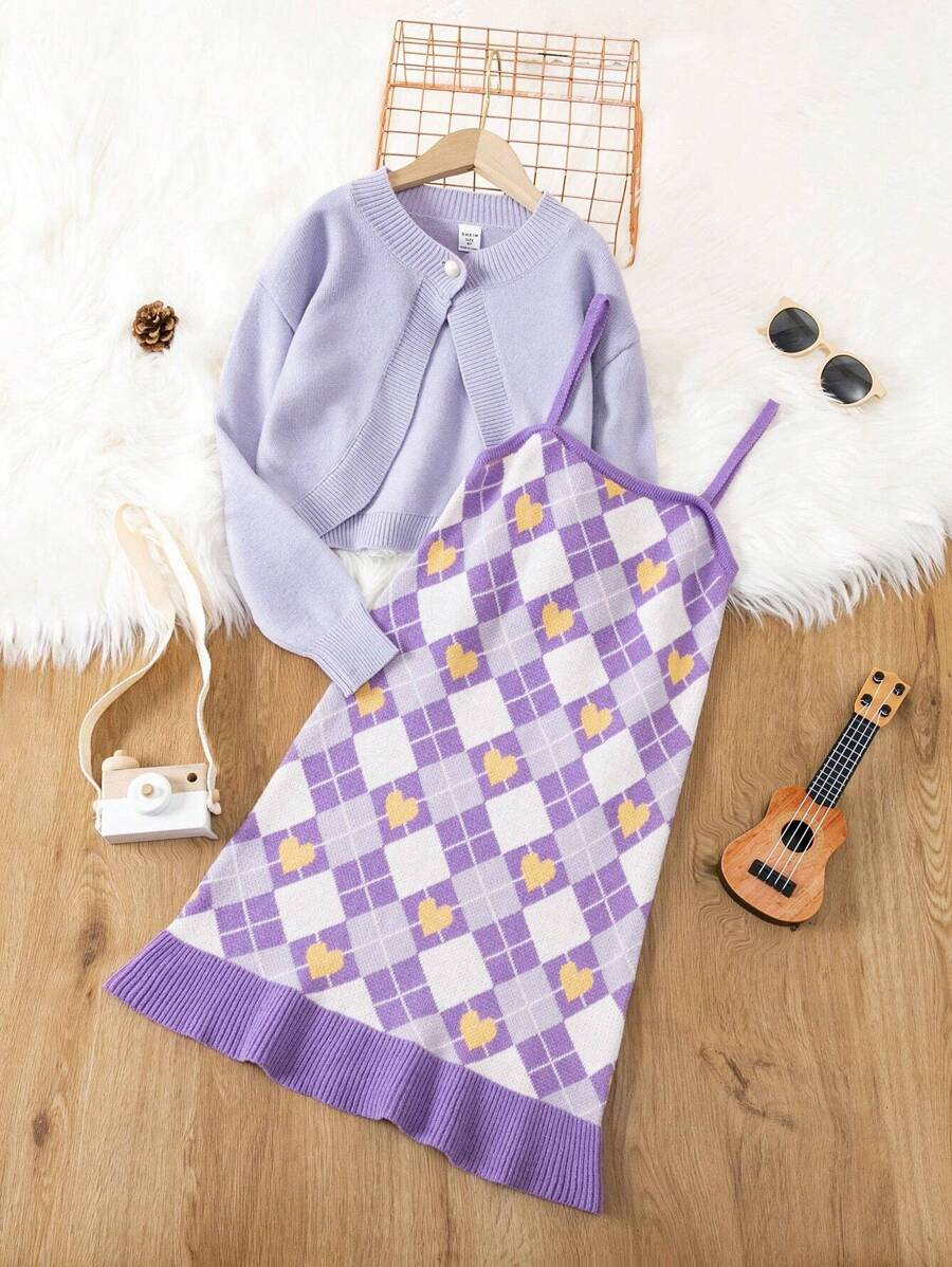 SHEIN Tween Girl Argyle Pattern Cami Sweater Dress & Button Front Cardigan - Multicolor - View 1