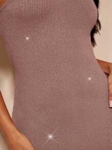 SHEIN BAE Cắt ra Không lưng Đầm Áo len - Màu Khaki - Xem 5