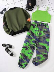 SHEIN 字母女童（大）兩件套 - 軍綠色 - 查看 2