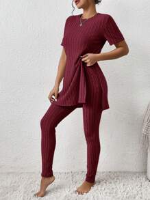 SHEIN LUNE 下擺開叉T恤和緊身褲 - 酒紅色 - 查看 3