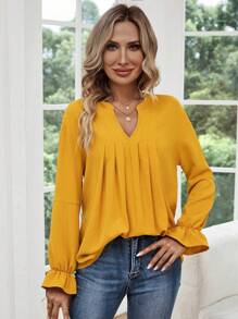 SHEIN LUNE Notched Neck Flare Sleeve Plicated Detail Blouse - Yellow - View 5