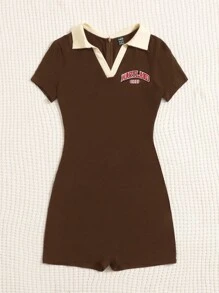 SHEIN EZwear Letter Graphic Contrast Collar Unitard Romper - Coffee Brown - View 6