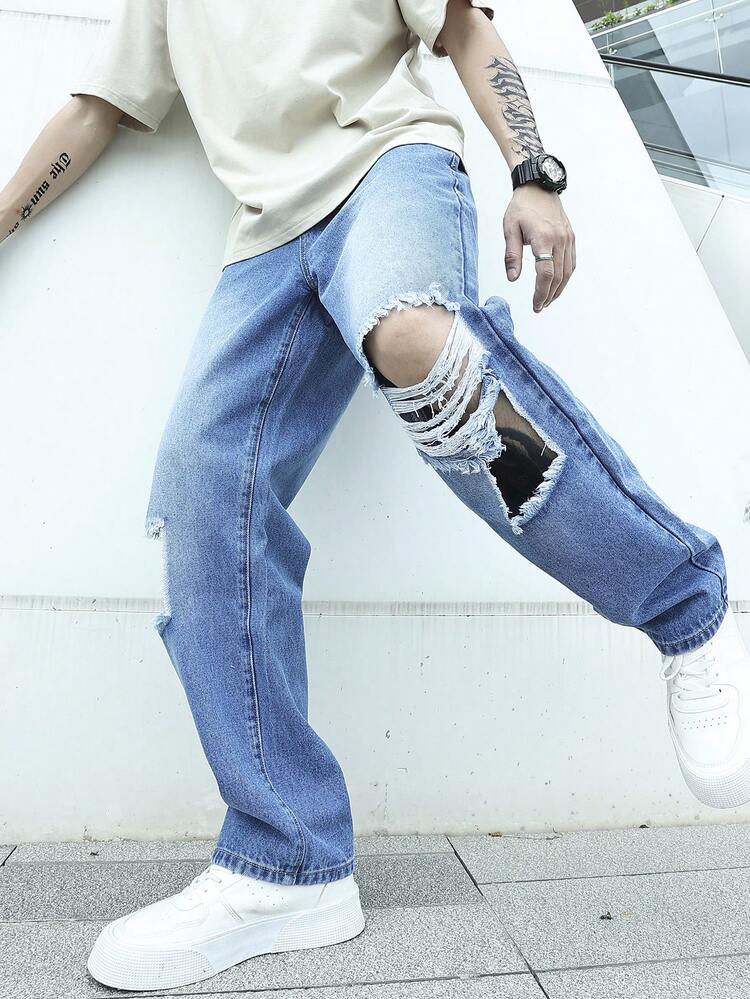 Men Ripped Straight Leg Jeans