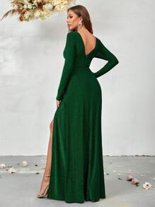 SHEIN Belle Cổ Lao Tách đùi Long lanh Váy phù dâu - màu xanh lá - Xem 2