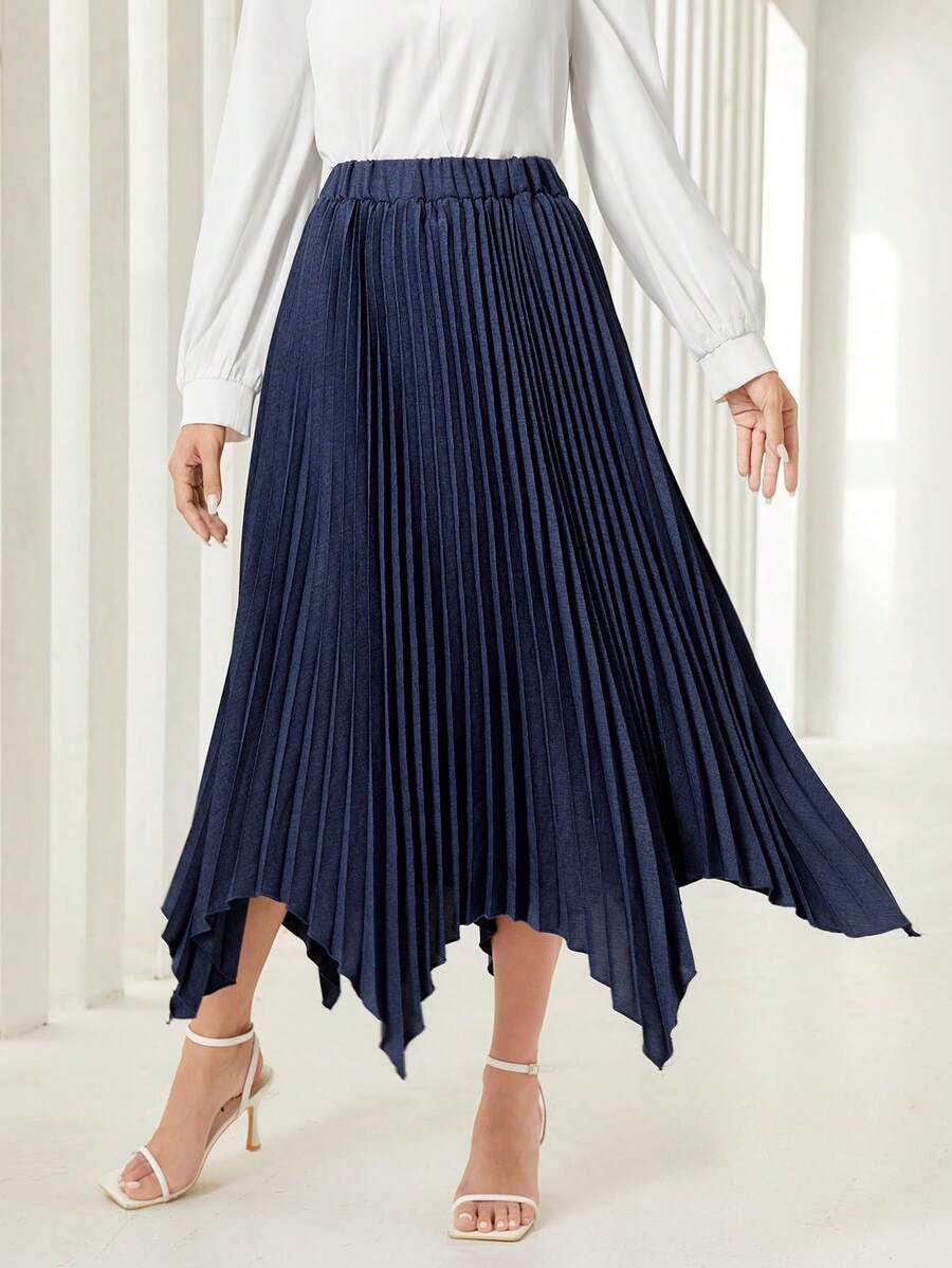 Modelyn Solid Hanky Hem Pleated Skirt - Navy Blue - View 1