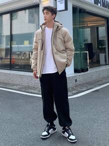 DAZY Men Letter Graphic Zip Up Hooded Padded Coat,Fall Clothes Jacket - Khaki - View 2