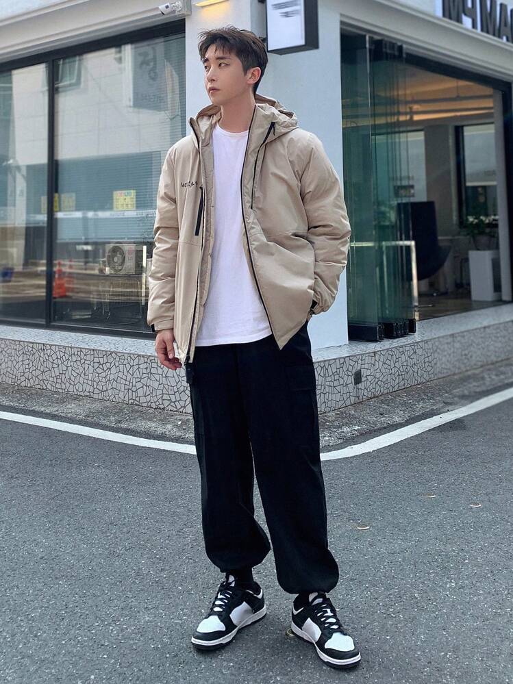 DAZY מעיל מרופד לגברים עם אותיות גרפיות וקפוצ'ון, מעיל סתיו - חאקי - ראה 2