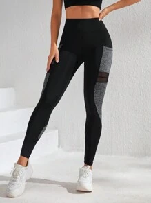 Easithlete Colorblock Contrast Mesh Phone Pocket Sports Leggings Yoga Women Pants - Black - View 4