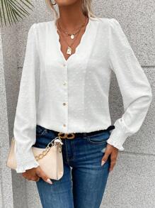 SHEIN Frenchy 圓點貝殼邊燈籠袖襯衫 - 白色 - 查看 6